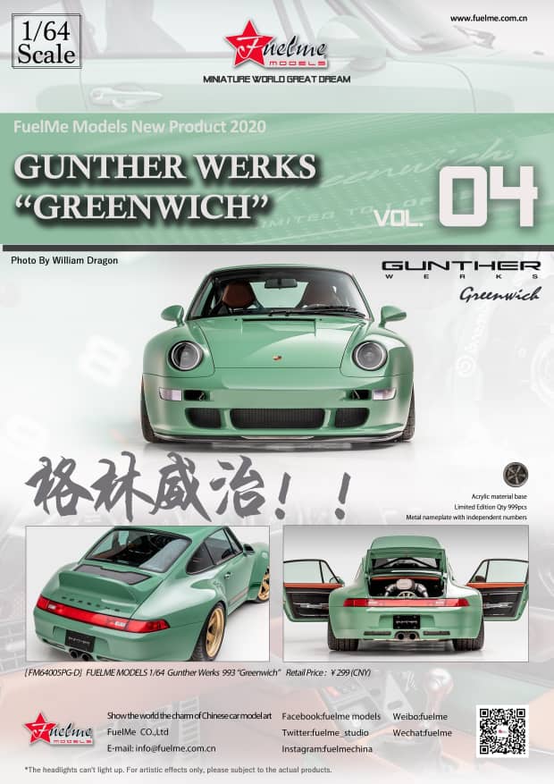 FuelMe 1:64 Limited Resin Model Car - Gunther Werks 400R 993 Greenwich Olive