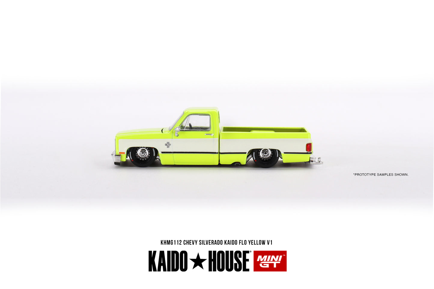 MINI GT X KAIDO HOUSE Chevrolet Silverado KAIDO Flo Yellow V1 KHMG112