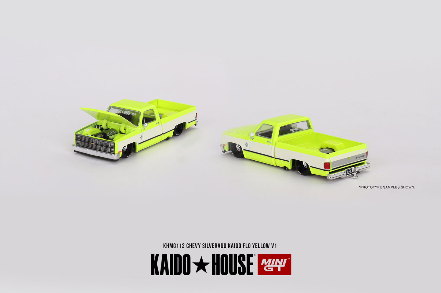 MINI GT X KAIDO HOUSE Chevrolet Silverado KAIDO Flo Yellow V1 KHMG112