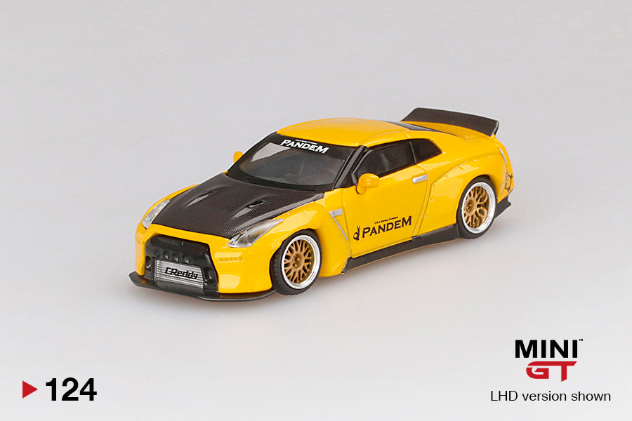 MINI GT #124 Pandem Nissan GT-R (R35) Duck Tail Metallic Yellow w/ Carbon *BLISTER PACK*