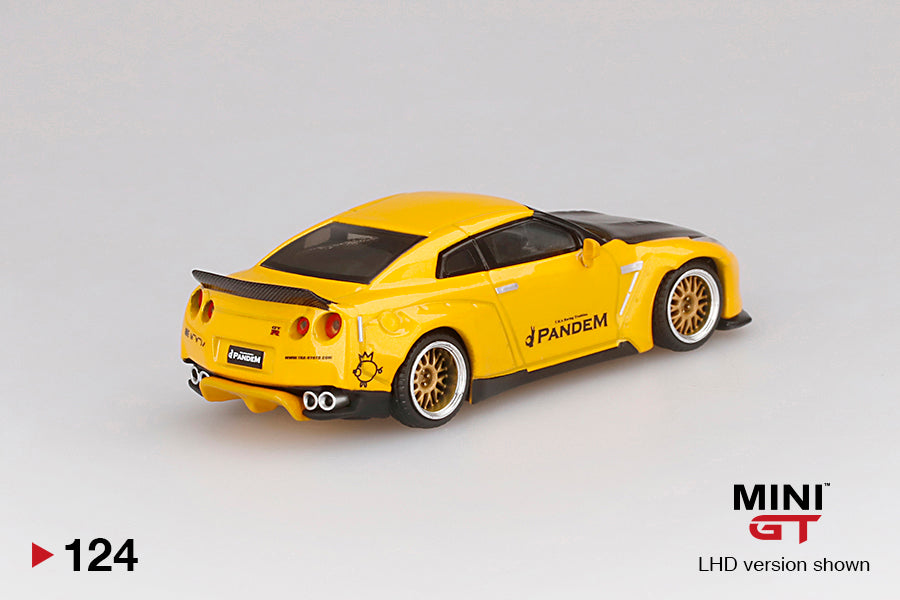 MINI GT #124 Pandem Nissan GT-R (R35) Duck Tail Metallic Yellow w/ Carbon *BLISTER PACK*