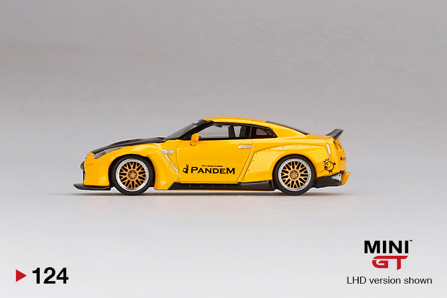 MINI GT #124 Pandem Nissan GT-R (R35) Duck Tail Metallic Yellow w/ Carbon *BLISTER PACK*