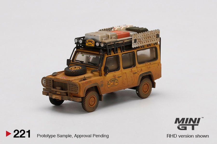 MINI GT #221 Land Rover Defender 110 Team UK 1989 Camel Trophy Winner RHD Dirty Version *BLISTER PACK*