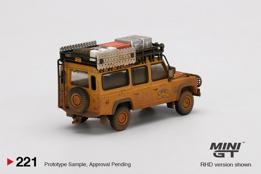 MINI GT #221 Land Rover Defender 110 Team UK 1989 Camel Trophy Winner RHD Dirty Version *BLISTER PACK*