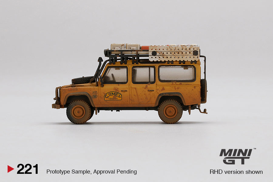 MINI GT #221 Land Rover Defender 110 Team UK 1989 Camel Trophy Winner RHD Dirty Version *BLISTER PACK*