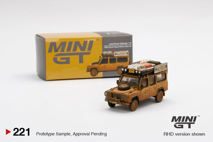 MINI GT #221 Land Rover Defender 110 Team UK 1989 Camel Trophy Winner RHD Dirty Version *BLISTER PACK*