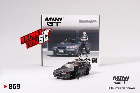 MINI GT #869 1/64 Nissan Skyline GT-R (R32) Gunmetal W/ Matsuda Figure Tsugio Matsuda Collection