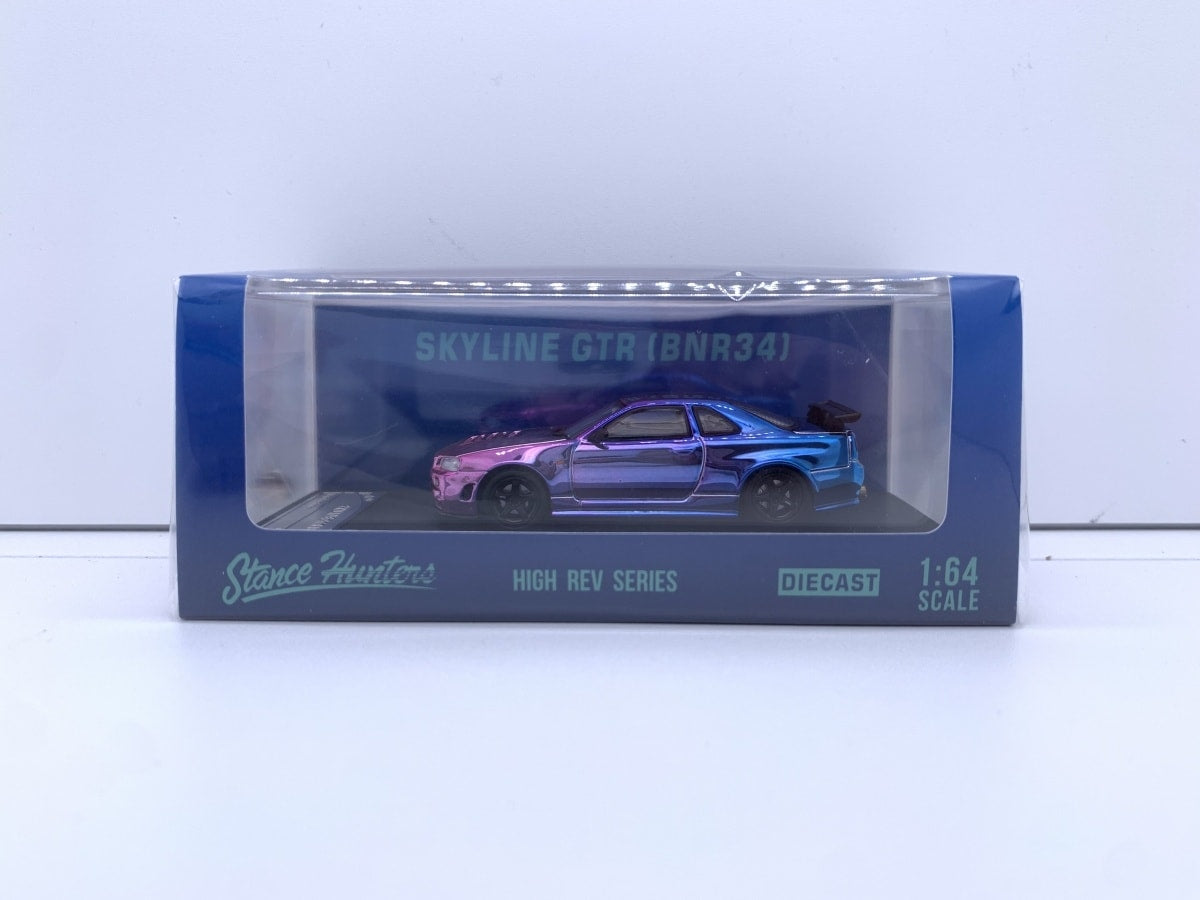 Stance Hunter 1/64 Skyline GT-R R34 Nismo Z-Tune Chameleon Chrome Purple-Blue