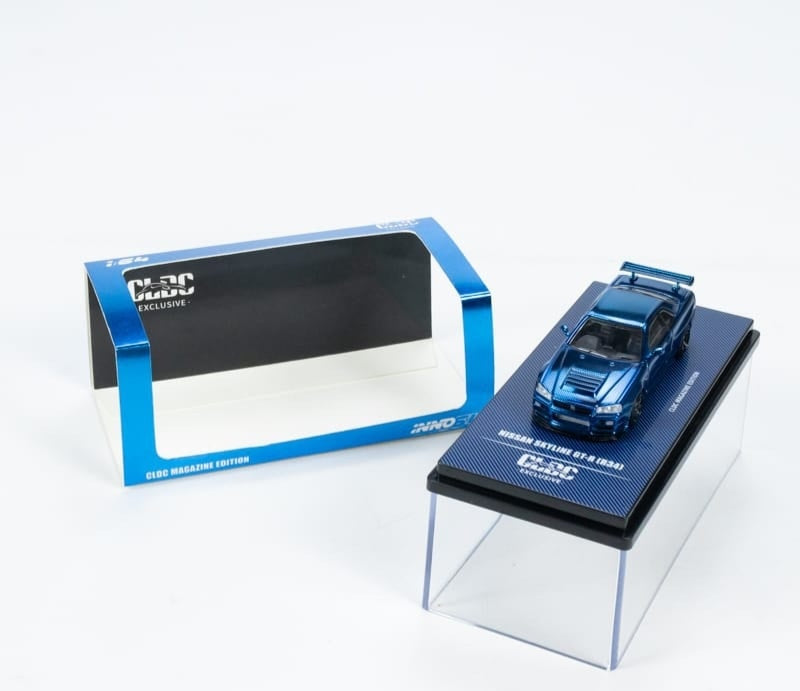 INNO x CLDC Exclusive Version Nissan Skyline GT-R (R34) Chrome Blue Diecast Car Model ( ENGLISH VERSION MAGAZINE & COVER )