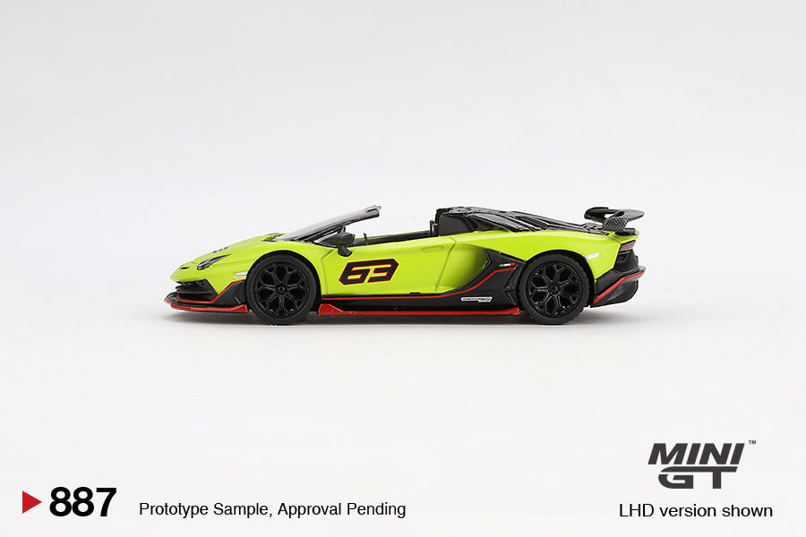 MINI GT #887 1/64 Lamborghini Aventador SVJ 63 Roadster Verde Shock (RHD)