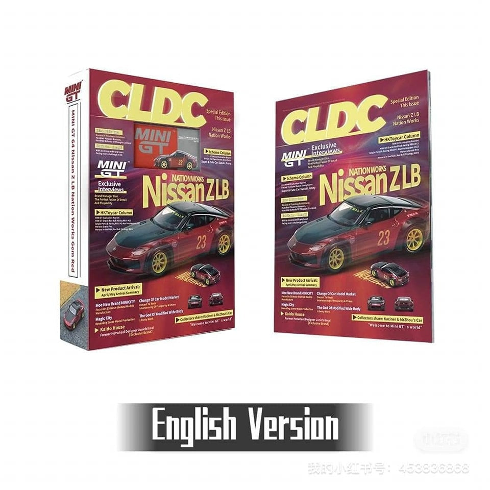 * PRE ORDER * MINI GT #737 CLDC X MINI GT VOL 3  ENGLISH MAGAZINE with Nissan Z LB Nation Works Gem Red