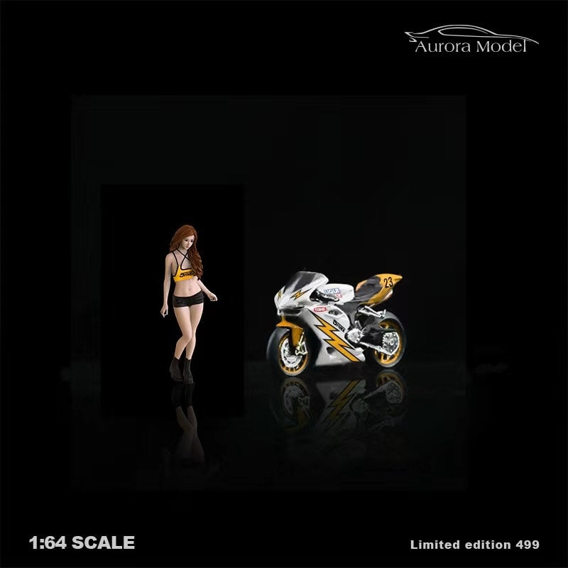 AURORA MODEL 1/64 YELLOW GIRL WITH LIGHTNING LIVERY MOTORCYCLE