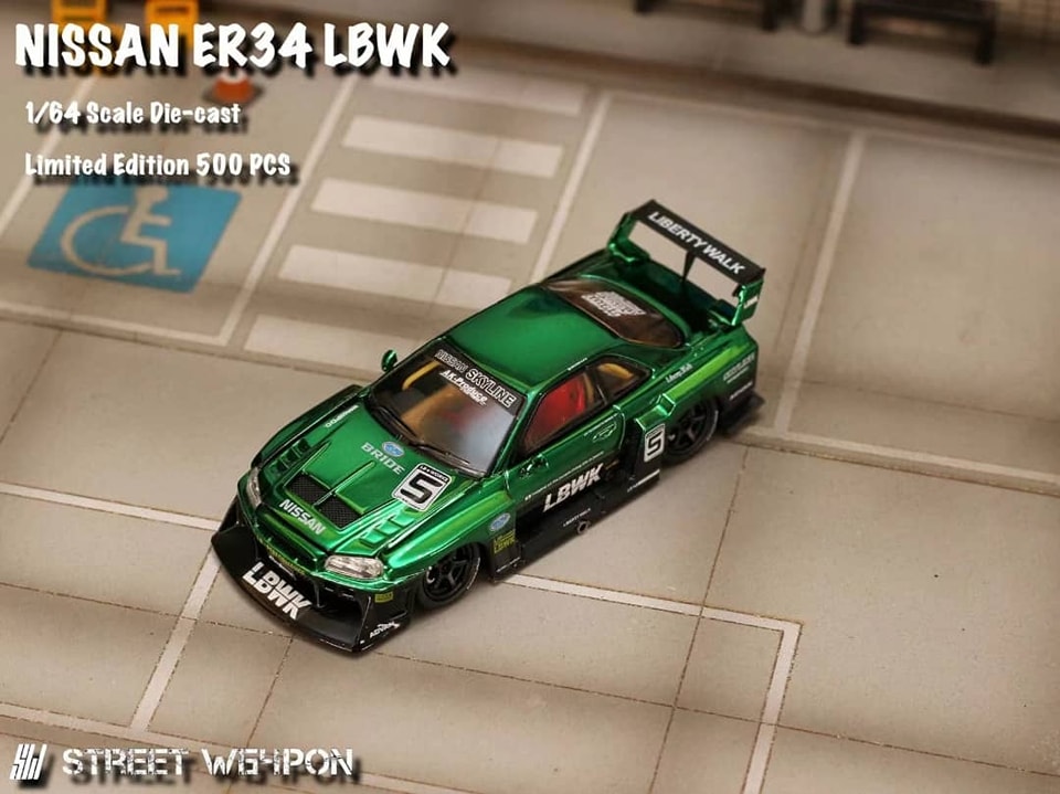 Street Weapon 1/64 Nissan Skyline GT-R R34 LB, Super Silhouette ER34 Green Chrome