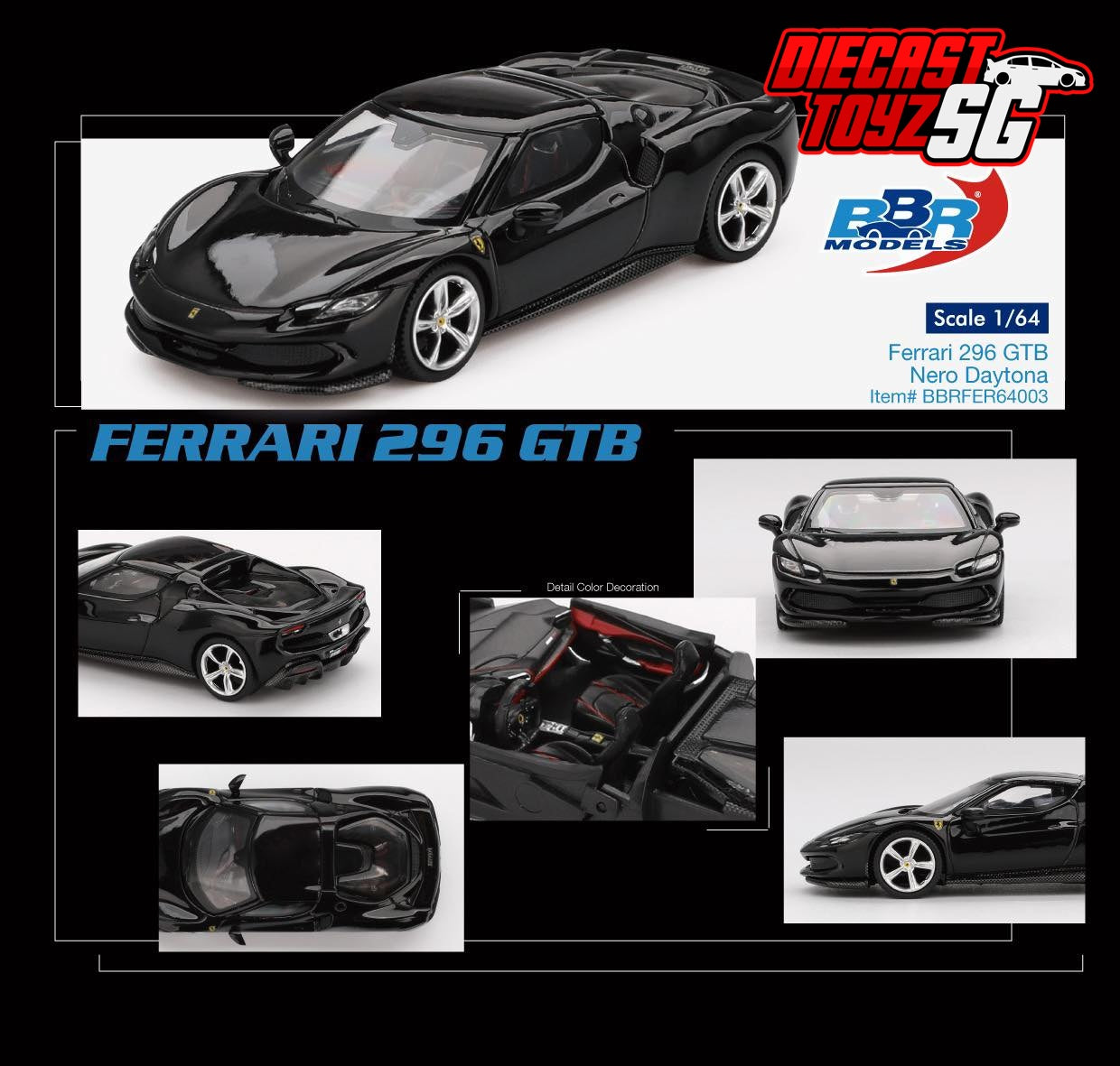 BBR Models 1/64 Ferrari 296 GTB Nero Daytona - BBRFER64003