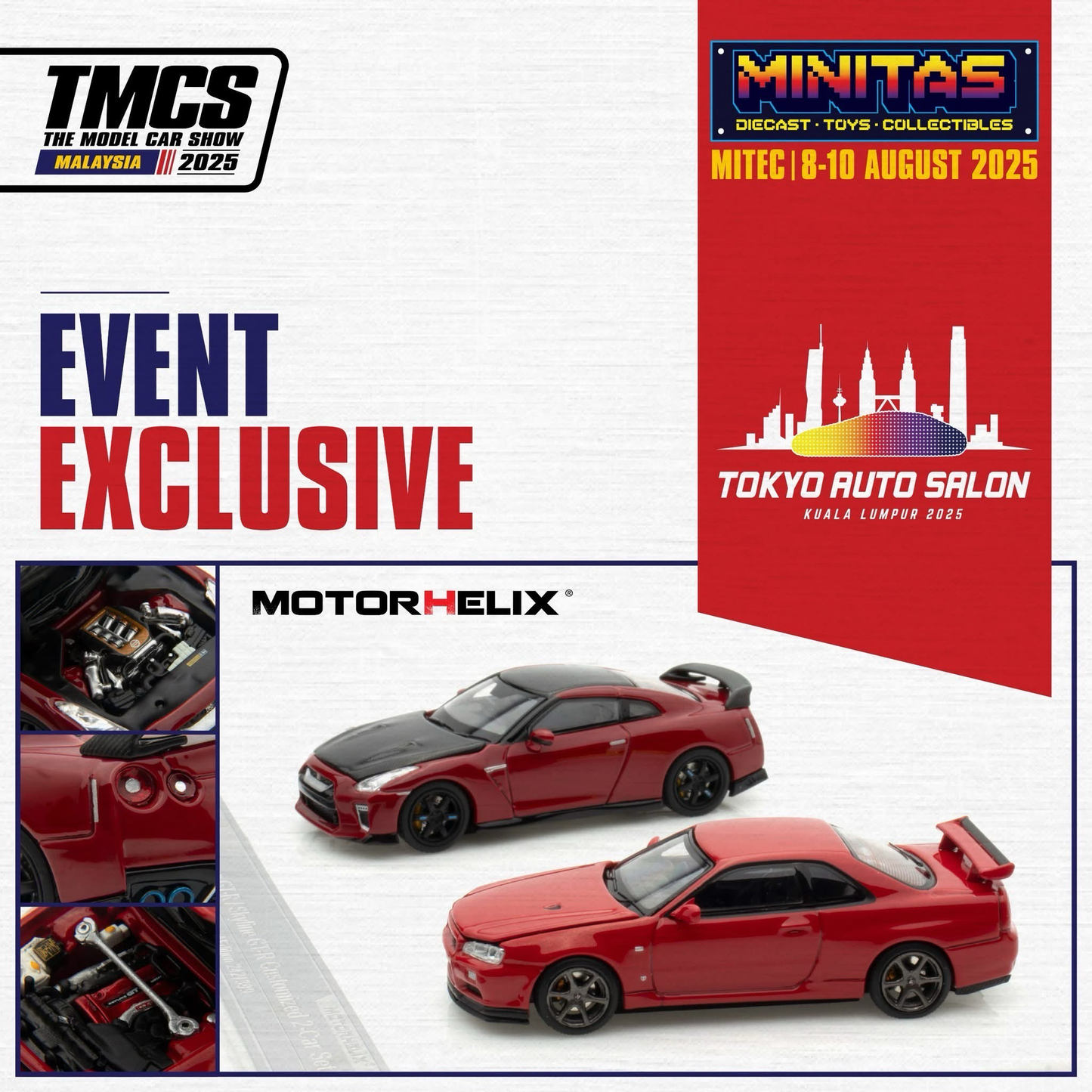 Motorhelix Nissan Skyline GT-R (R34)-V Spec II Active Red & Nissan GT-R (R35) Customised Version Vibrant Red 2-Car Set | TASKL25 EXCLUSIVE