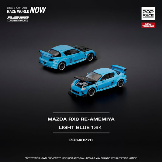 * PRE ORDER * POP RACE 1/64 MAZDA RX-8 RE-AMEMIYA - LIGHT BLUE (NEW TOOLING)  PR640270