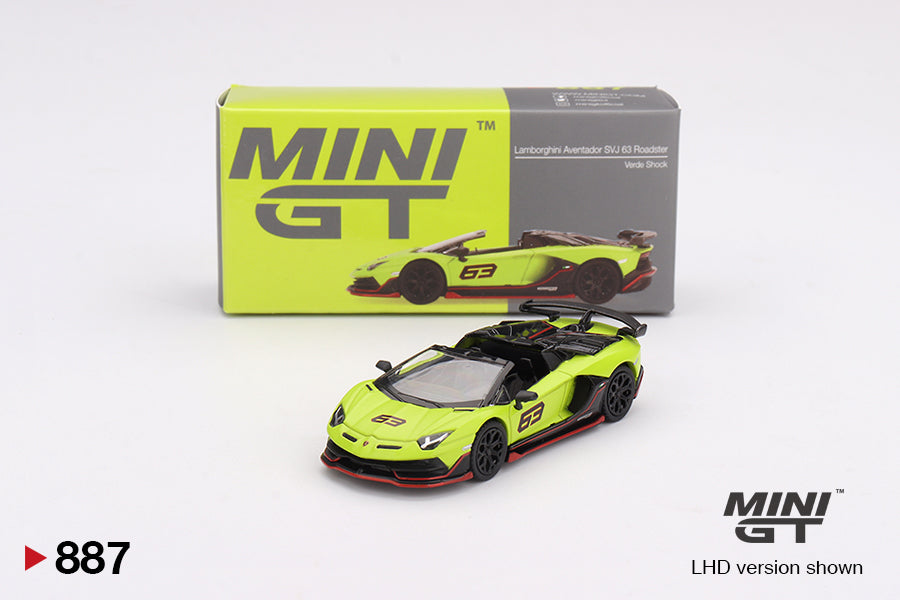 MINI GT #887 1/64 Lamborghini Aventador SVJ 63 Roadster Verde Shock (RHD)