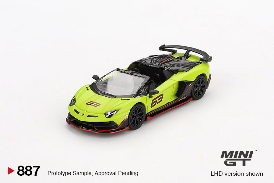 MINI GT #887 1/64 Lamborghini Aventador SVJ 63 Roadster Verde Shock (RHD)