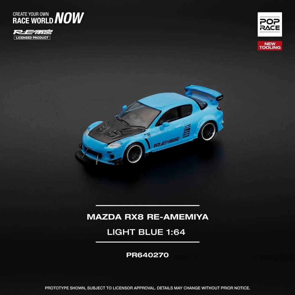 * PRE ORDER * POP RACE 1/64 MAZDA RX-8 RE-AMEMIYA - LIGHT BLUE (NEW TOOLING)  PR640270