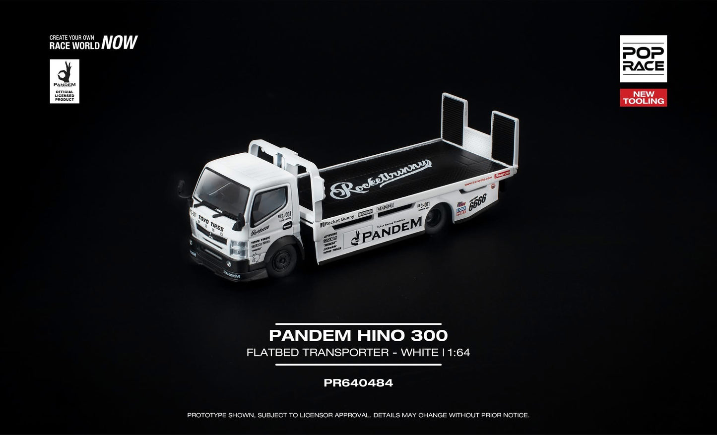 * PRE ORDER * POP RACE 1/64 PANDEM HINO 300 FLATBED TRANSPORTER WHITE PR640484