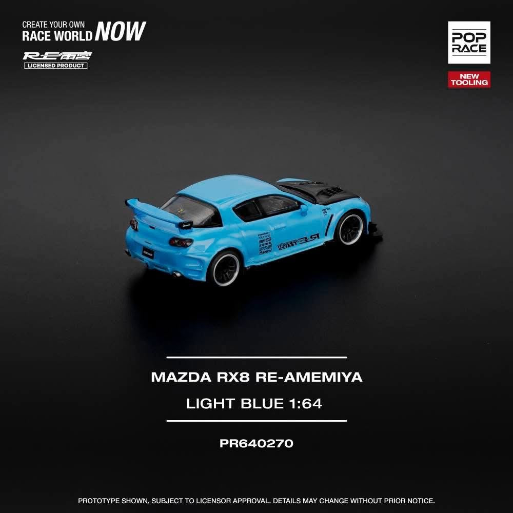 * PRE ORDER * POP RACE 1/64 MAZDA RX-8 RE-AMEMIYA - LIGHT BLUE (NEW TOOLING)  PR640270