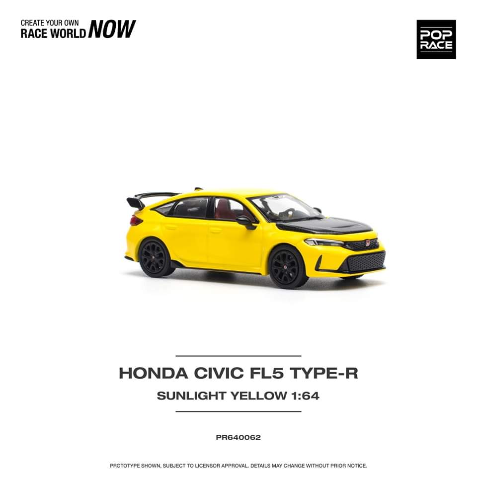 POP RACE 1/64 HONDA CIVIC FL5 TYPE-R SUNLIGHT YELLOW PR640062