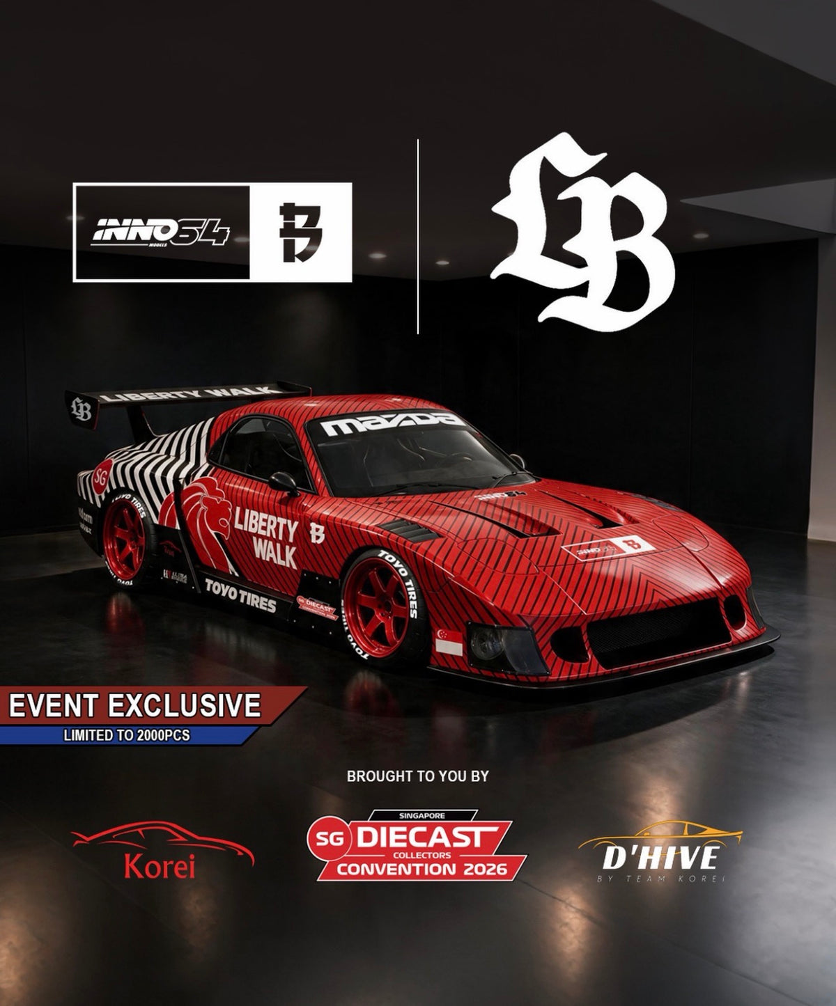 * PRE ORDER * INNO64 x SDCC 2026 x Black Crow Customs Mazda LB-Super Silhouette RX7 (FD3S) Red | 2026 Singapore Diecast Collectors Convention