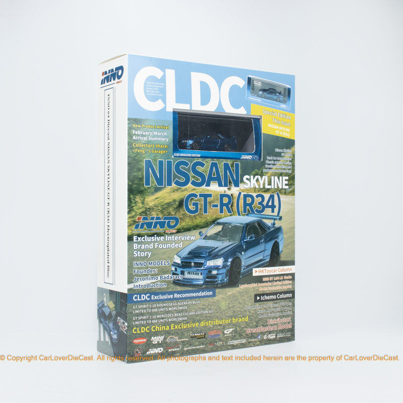 INNO x CLDC Exclusive Version Nissan Skyline GT-R (R34) Chrome Blue Diecast Car Model ( ENGLISH VERSION MAGAZINE & COVER )