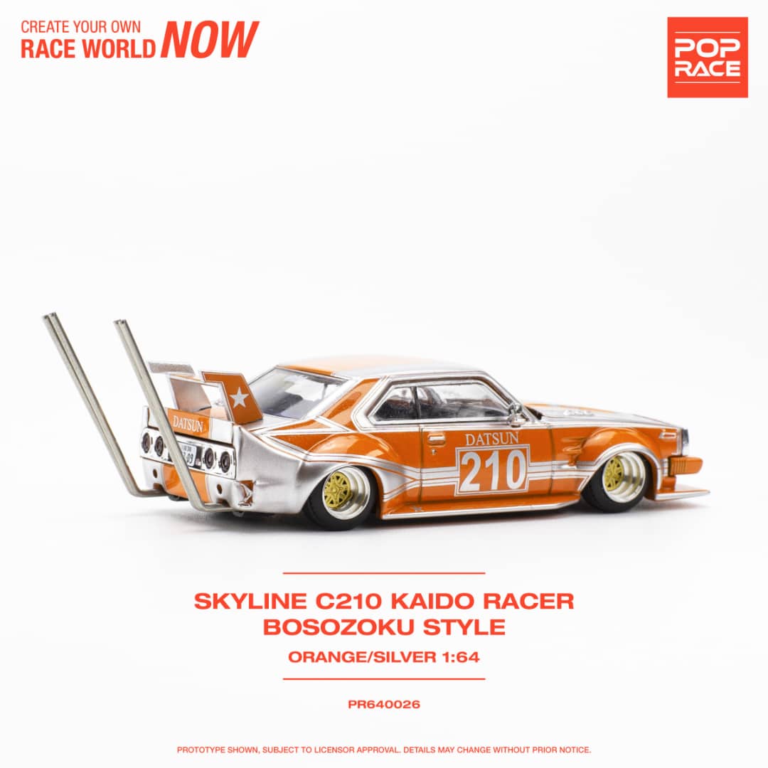 * PRE ORDER * POP RACE 1/64 Skyline C210 Kaido Racer Bosozuko Modified Orange Silver