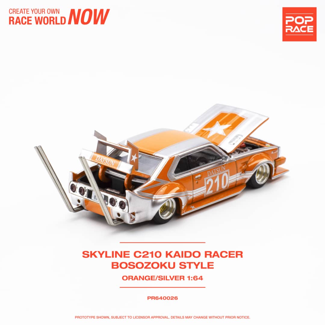 * PRE ORDER * POP RACE 1/64 Skyline C210 Kaido Racer Bosozuko Modified Orange Silver