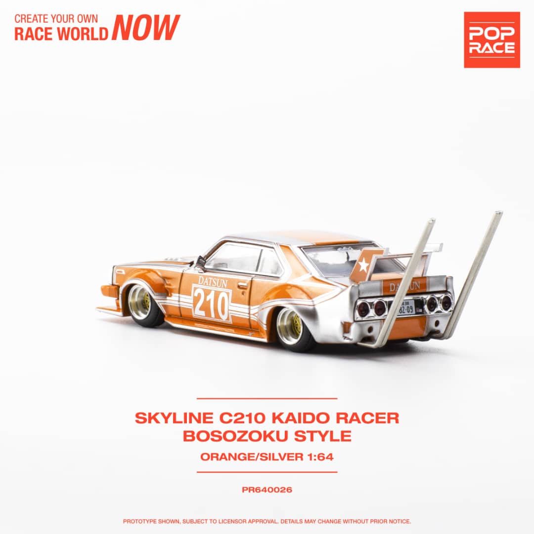 * PRE ORDER * POP RACE 1/64 Skyline C210 Kaido Racer Bosozuko Modified Orange Silver