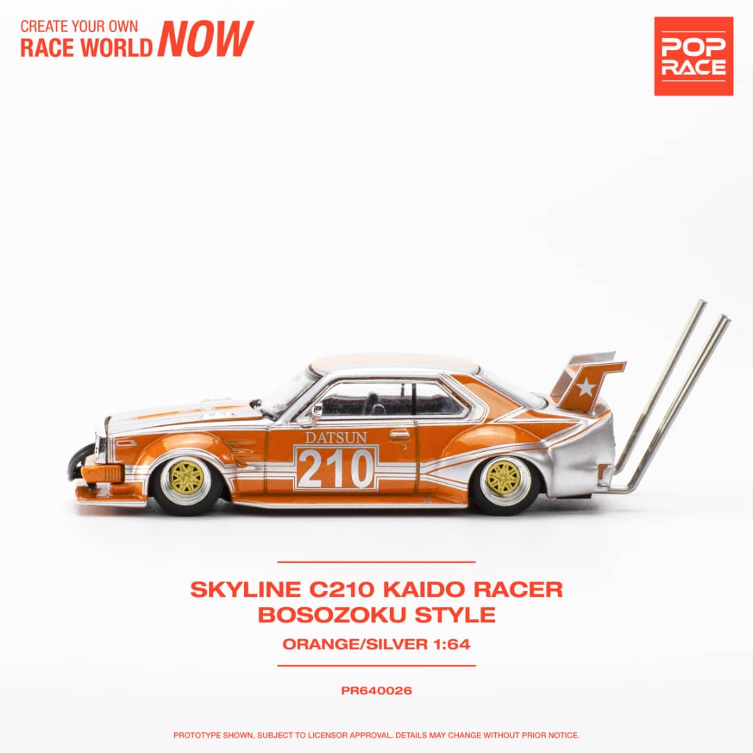 * PRE ORDER * POP RACE 1/64 Skyline C210 Kaido Racer Bosozuko Modified Orange Silver