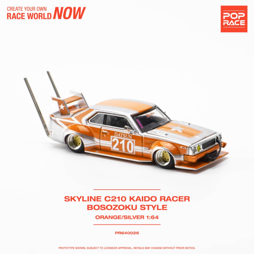 * PRE ORDER * POP RACE 1/64 Skyline C210 Kaido Racer Bosozuko Modified Orange Silver