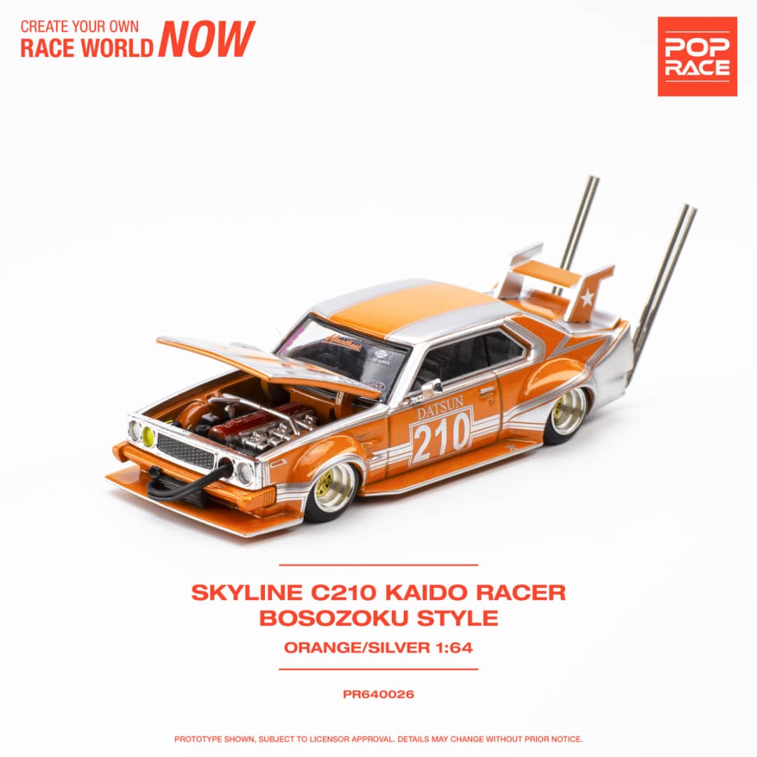 * PRE ORDER * POP RACE 1/64 Skyline C210 Kaido Racer Bosozuko Modified Orange Silver
