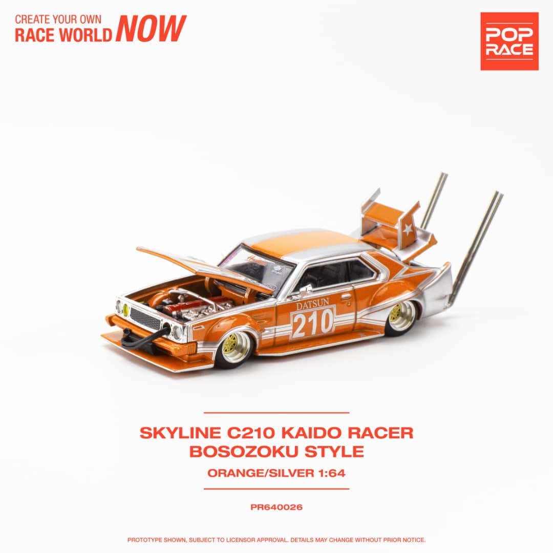 * PRE ORDER * POP RACE 1/64 Skyline C210 Kaido Racer Bosozuko Modified Orange Silver