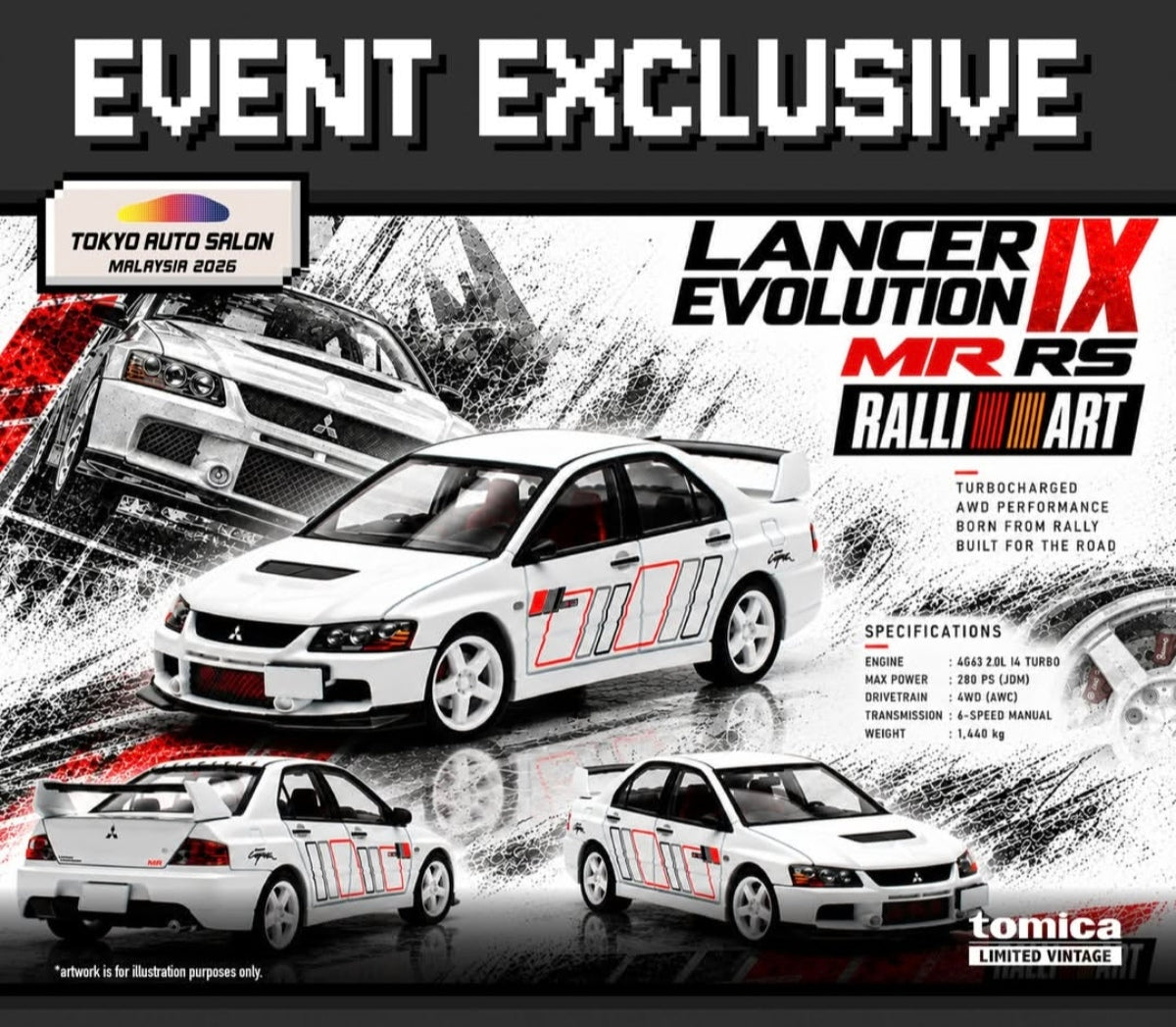 TOMICA LIMITED VINTAGE MITSUBISHI LANCER EVOLUTION IX MR RS RALLIART WHITE | TOKYO AUTO SALON MALAYSIA 2026