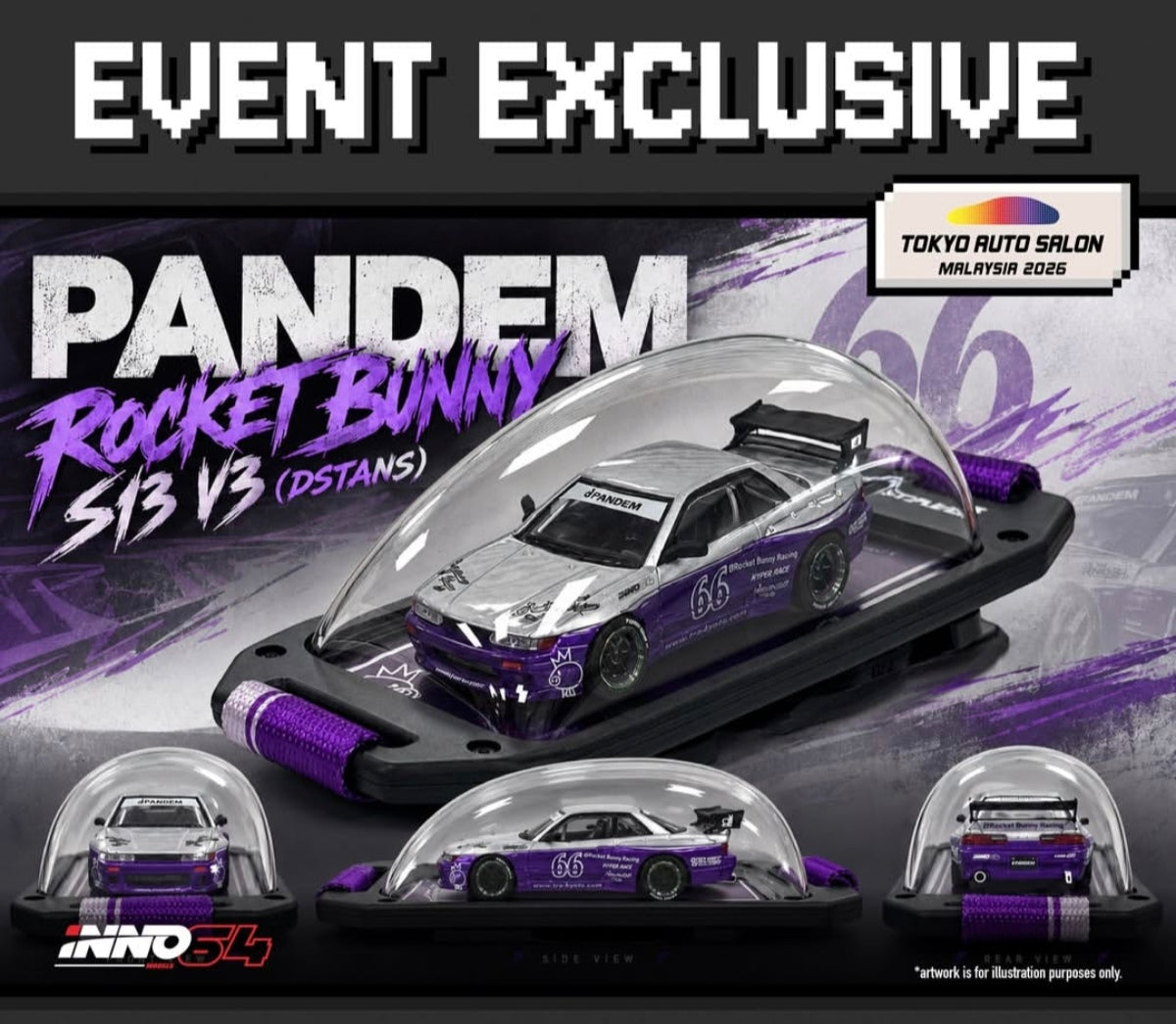 INNO64 1/64 PANDEM ROCKET BUNNY S13 V3 (DSTANS) SILVER / PURPLE | TOKYO AUTO SALON MALAYSIA 2026