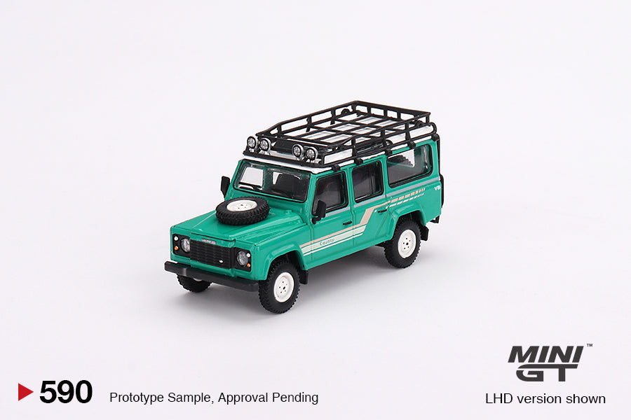 * PRE ORDER * MINI GT #590 Land Rover Defender 110 1985 County Station Wagon Trident Green