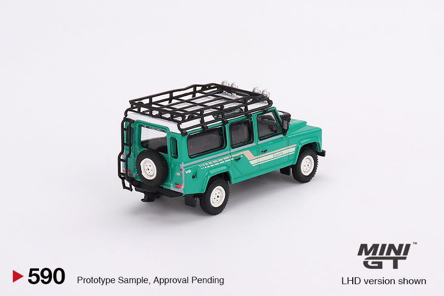 * PRE ORDER * MINI GT #590 Land Rover Defender 110 1985 County Station Wagon Trident Green