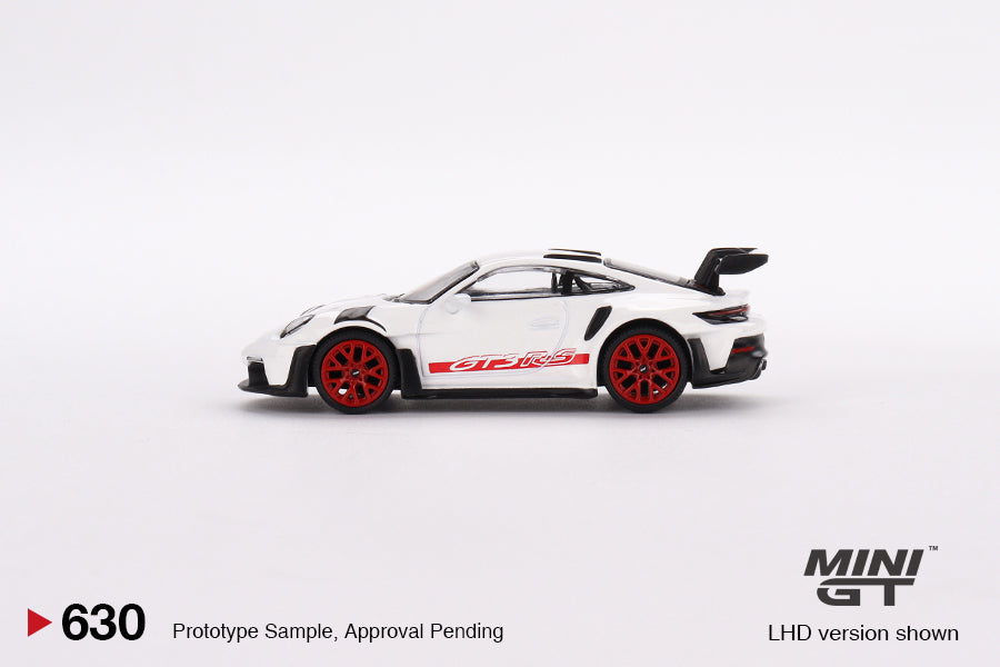 * PRE ORDER * MINI GT #630 "Porsche 911 (992) GT3 RS White with Pyro Red Accent Package" RHD