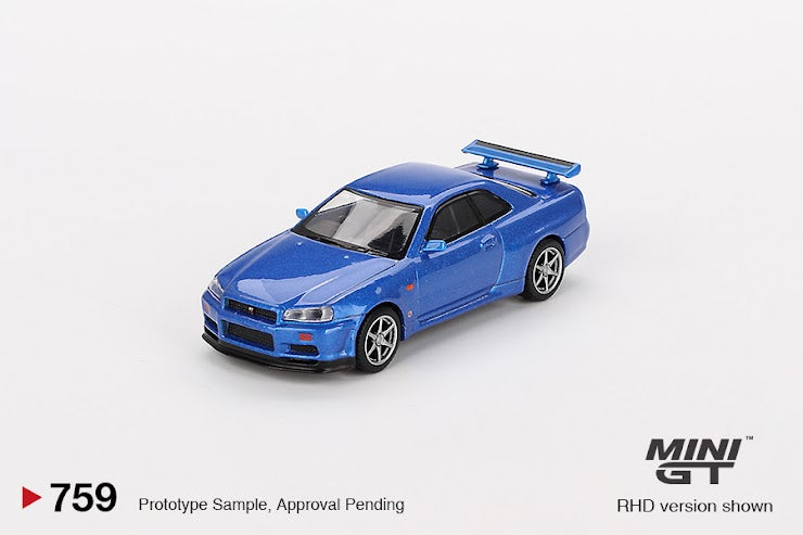 MINI GT #759 1/64 Nissan Skyline GT-R (R34) V-Spec Bayside Blue (RHD)