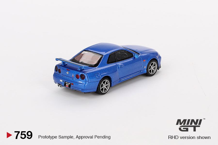 MINI GT #759 1/64 Nissan Skyline GT-R (R34) V-Spec Bayside Blue (RHD)