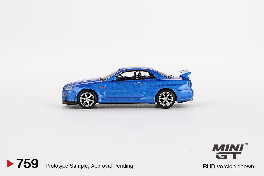 MINI GT #759 1/64 Nissan Skyline GT-R (R34) V-Spec Bayside Blue (RHD)