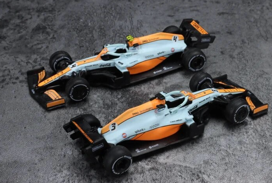 Mclaren 1:64 Diecast Model , Licensed Product 2021 Formula 1 F1 Series , MCL35M Monaco Gulf Special Edition 2 Car Set: No.3 Daniel Ricciardo McLaren & No.4 Lando Norris
