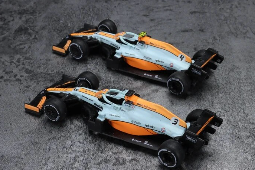 Mclaren 1:64 Diecast Model , Licensed Product 2021 Formula 1 F1 Series , MCL35M Monaco Gulf Special Edition 2 Car Set: No.3 Daniel Ricciardo McLaren & No.4 Lando Norris