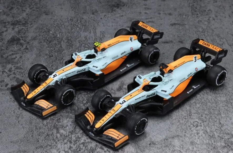 Mclaren 1:64 Diecast Model , Licensed Product 2021 Formula 1 F1 Series , MCL35M Monaco Gulf Special Edition 2 Car Set: No.3 Daniel Ricciardo McLaren & No.4 Lando Norris
