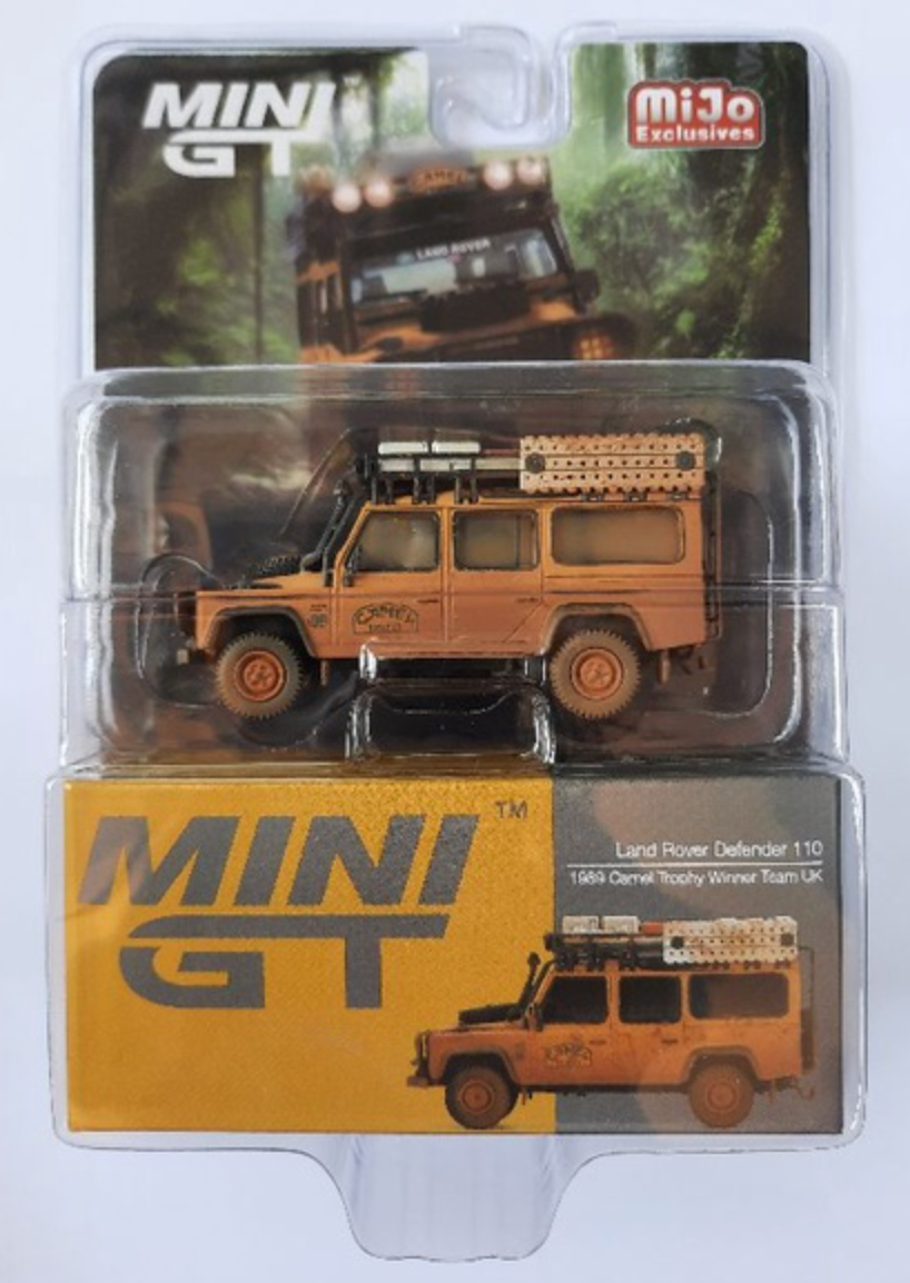 MINI GT #221 Land Rover Defender 110 Team UK 1989 Camel Trophy Winner RHD Dirty Version *BLISTER PACK*