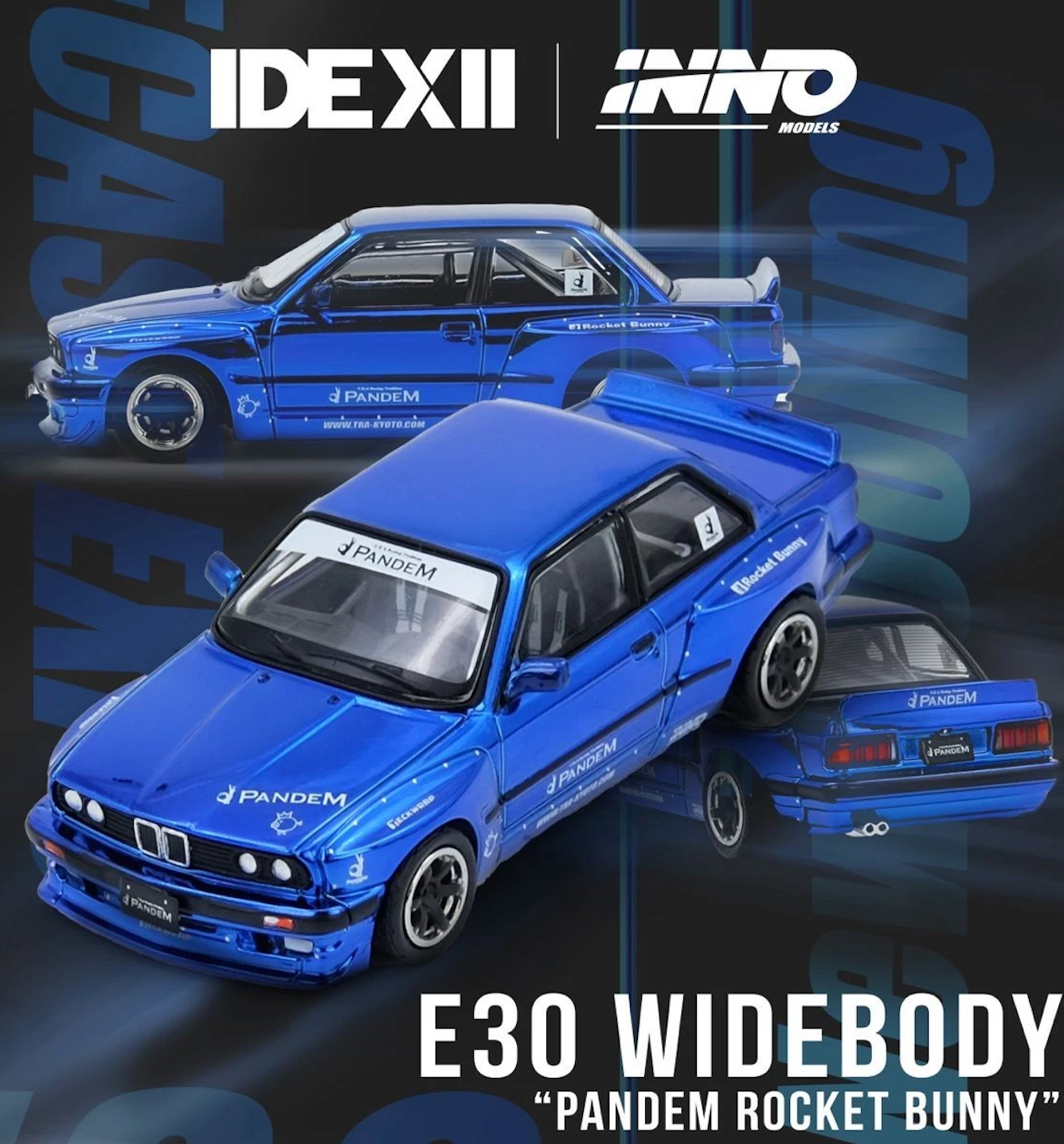 INNO 64 PANDEM ROCKET BUNNY E30 WIDEBODY BLUE CHROME IDE25 EVENT MODEL