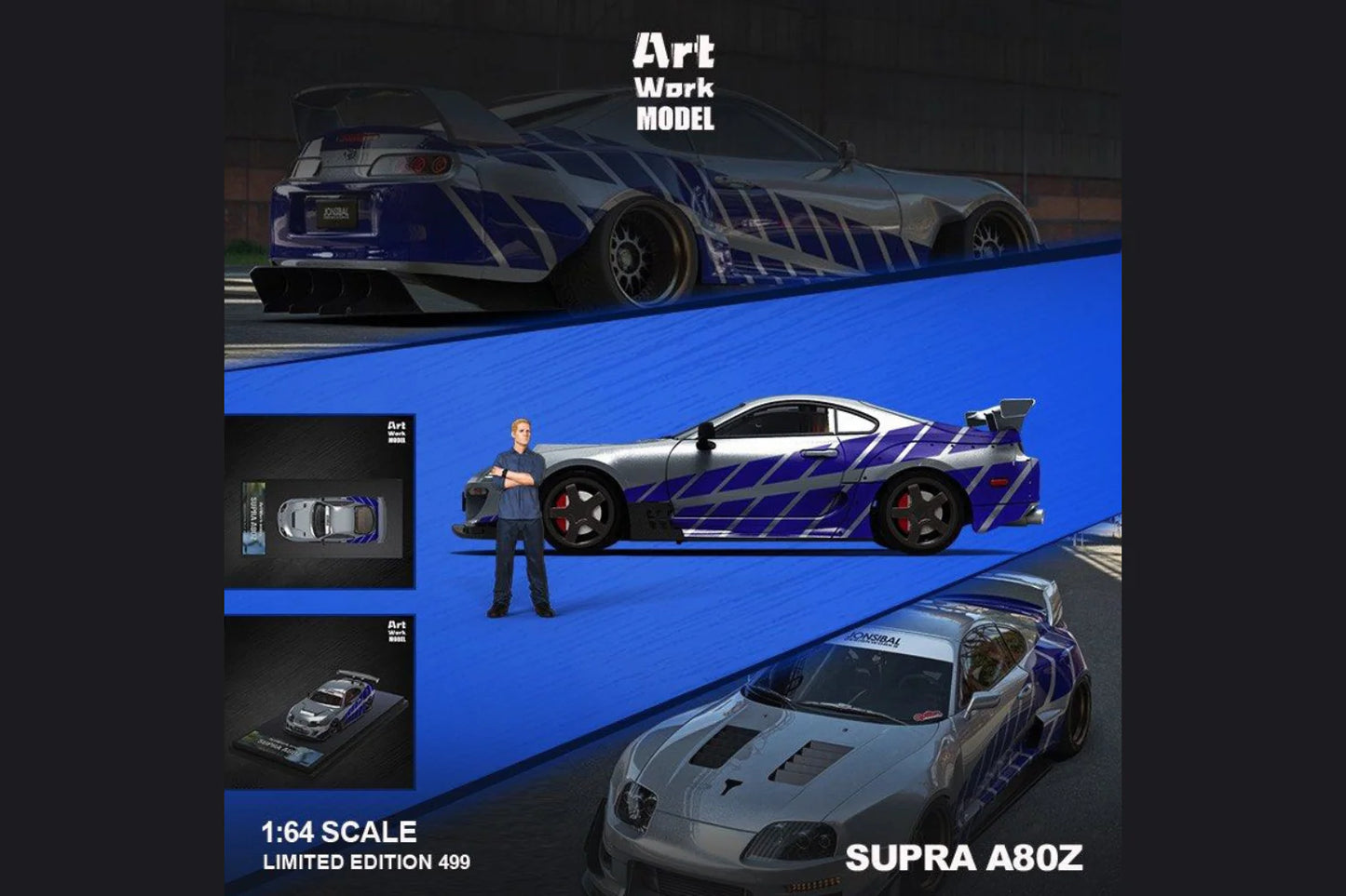 ARTWORK 1/64 TOYOTA SUPRA JZA80 SILVER/BLUE WITH FIGURINE
