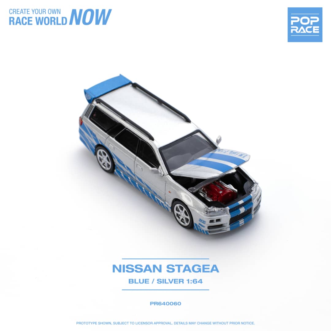 * PRE ORDER * POP RACE 1/64 NISSAN STAGEA R34 BLUE/SILVER PR640060